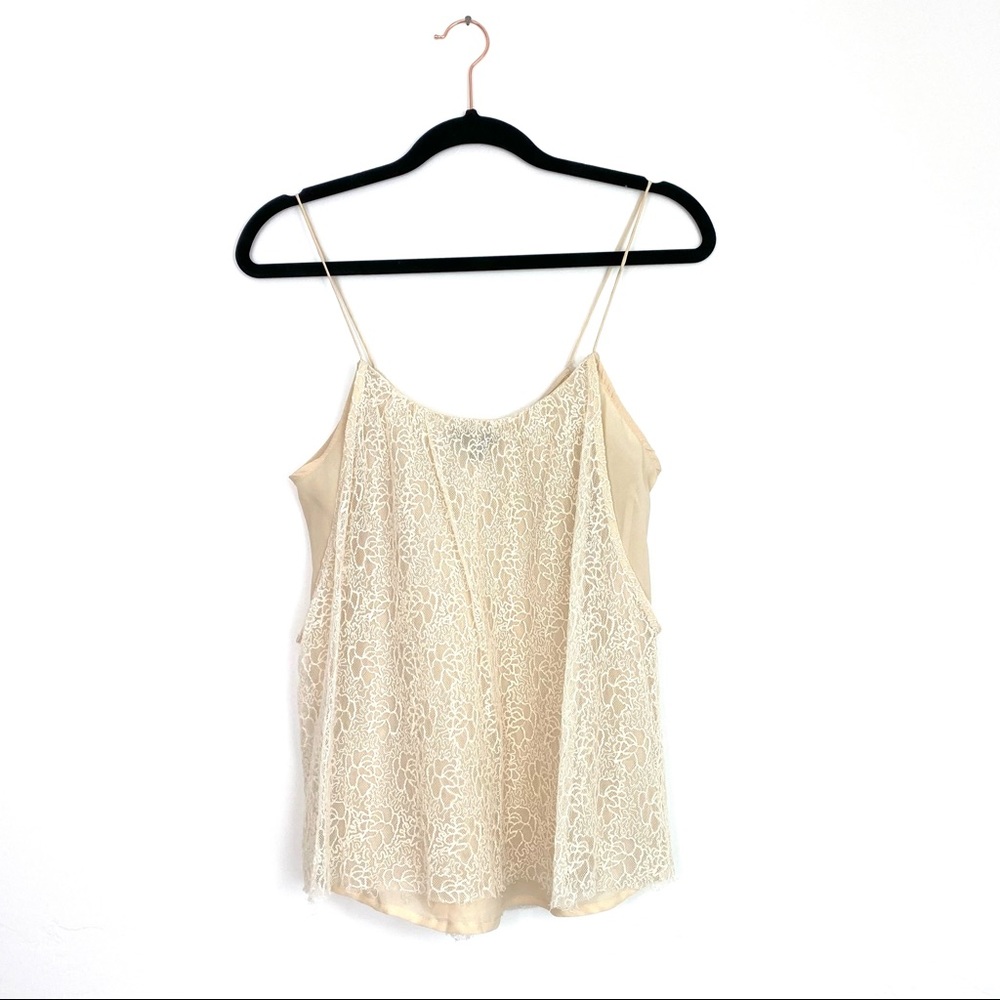TCEC Cream Ivory Venetian Lace Lined Spaghetti Cord Strap Flowy Swing Tank Top